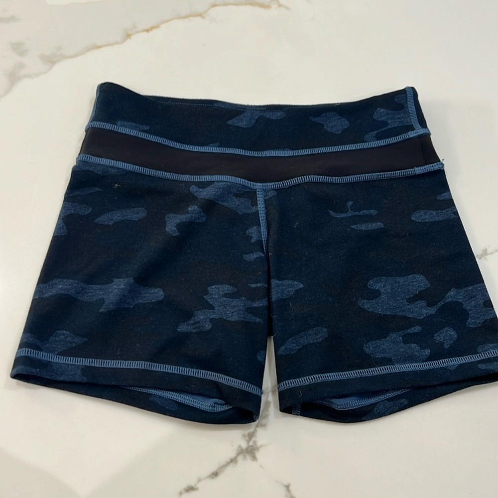 lulu lemon biker shorts, blue camo pattern